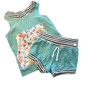 Lulu + Roo Sleeveless Hoodie and shorts Girl Size 5-6 Teal Floral‎ Gray Stripe
